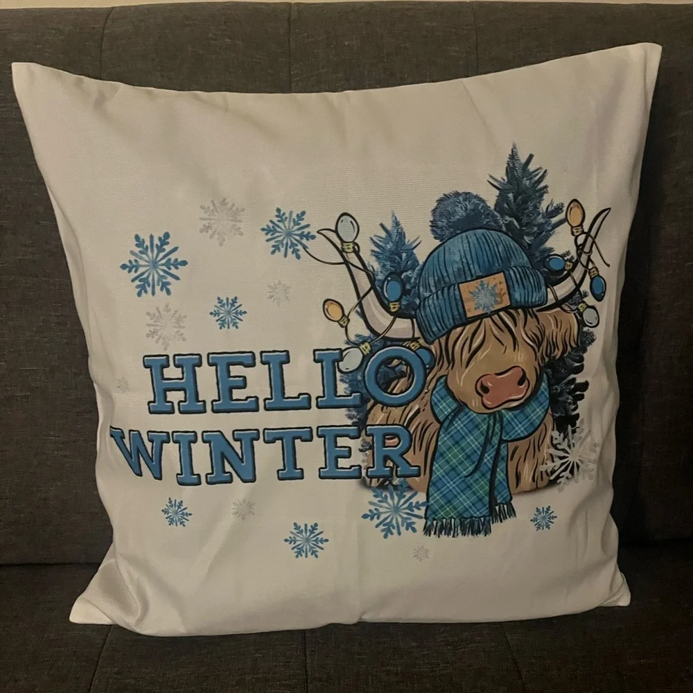 Hello Winter Holiday Pillow case with Blue and Brown Designb NWOT
